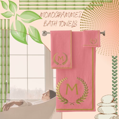 Modern Elegant Coral Gold Chic Monogramed Bath Towel Set