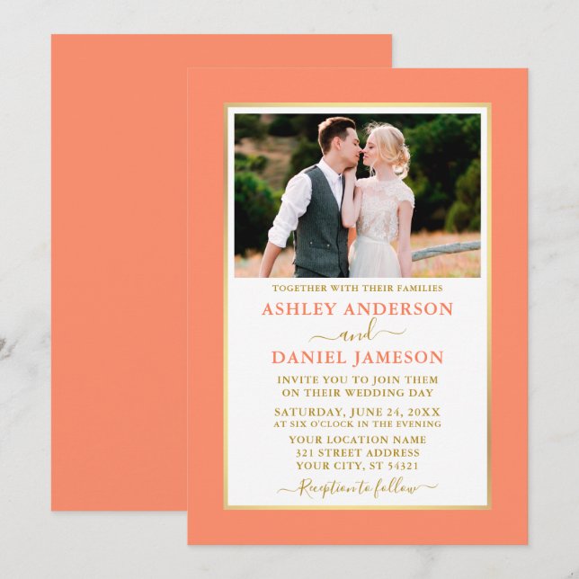 Modern Elegant Coral Gold Wedding Invitation (Front/Back)