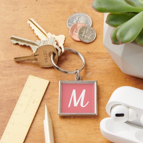 Modern Elegant Coral Pink and White Monogram Keychain