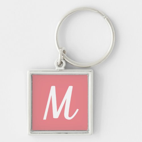 Modern Elegant Coral Pink and White Monogram Keychain