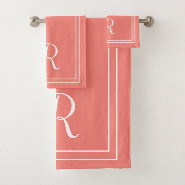 Modern Elegant Coral Pink & White Monogram Bath Towel Set (Insitu)