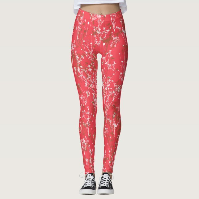 Modern Elegant Coral Red Wildflowers Leggings (Front)