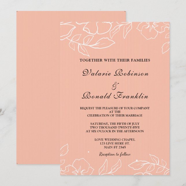Modern Elegant Coral White Floral Wedding Invitation (Front/Back)