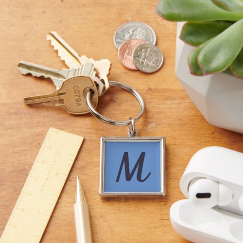 Modern Elegant Cornflower Blue Indigo Monogram Keychain