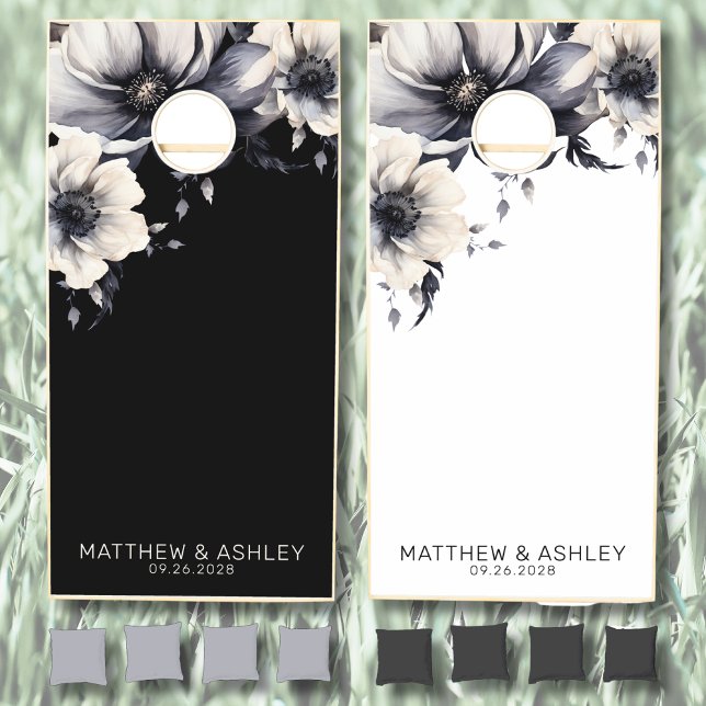 Modern Elegant Couple Floral Wedding Cornhole Set (Modern Elegant Names Floral Black White Wedding Cornhole Set)