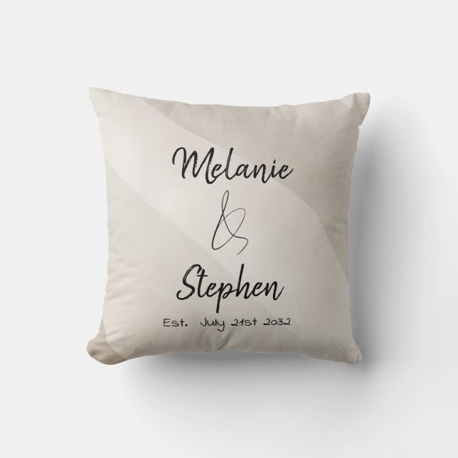 Modern Elegant Couple Names Script Neutral Throw Pillow (Front)