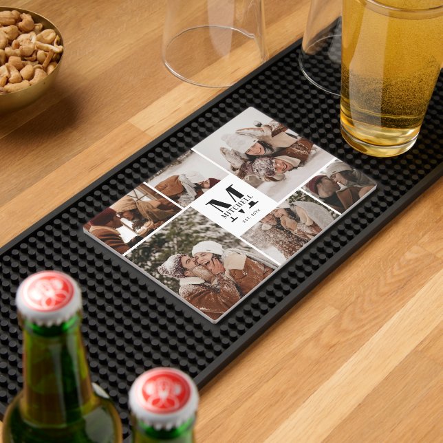 Modern Elegant Couple Photo Collage & Initial Bar Mat (Insitu (Bar 2))