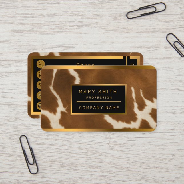Modern Elegant Cow Faux Leather Collection Business Card (Front/Back In Situ)