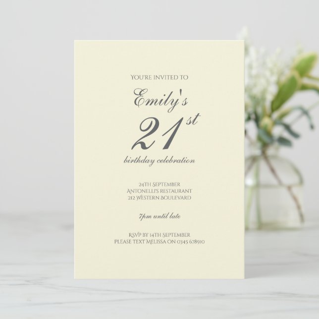 Modern Elegant Cream 21st Birthday Party Invitation (Standing Front)