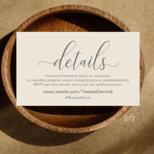 Modern Elegant cream grey Script Wedding Website Enclosure Card