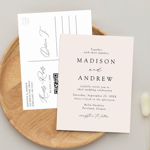 Modern Elegant Cream QR Code Wedding Invitation Postcard