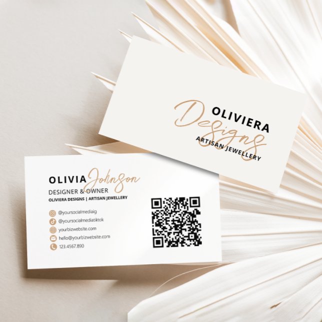 Modern Elegant Cream + Yellow Typography QR Code Business Card (Creator Uploaded)