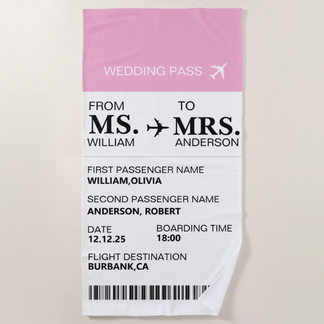 Modern Elegant Custom Bride To Be Boarding Pass Beach Towel (Front)