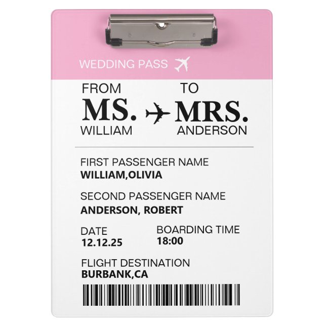 Modern Elegant Custom Bride To Be Boarding Pass Clipboard (Front)