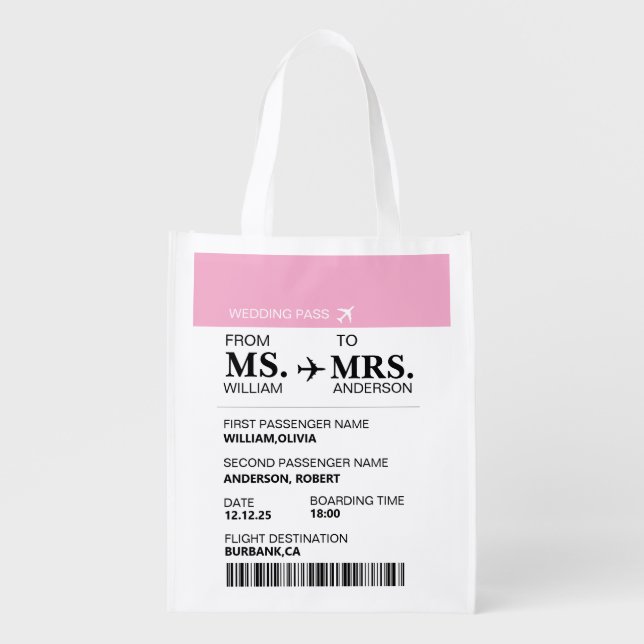 Modern Elegant Custom Bride To Be Boarding Pass Grocery Bag (Front)