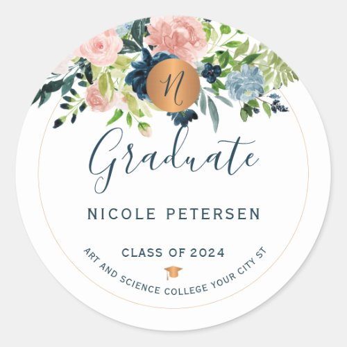 Modern elegant custom graduate floral graduation classic round sticker