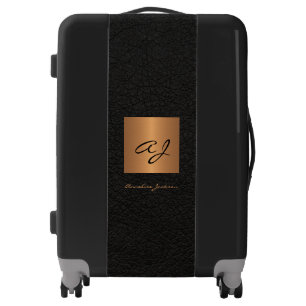 Modern elegant custom monogram name black gold luggage
