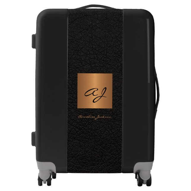 Modern elegant custom monogram name black gold luggage (Front)