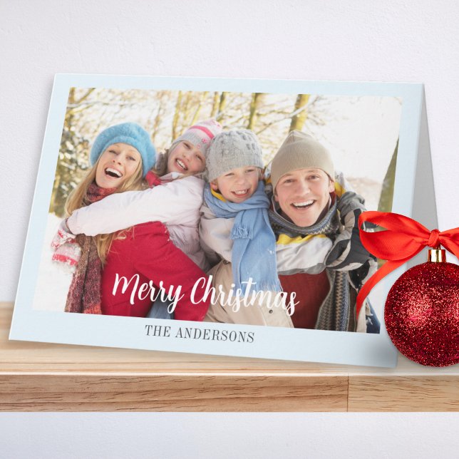 Modern Elegant Custom Photo Ice Blue Christmas Holiday Card (A modern Christmas card featuring a custom family photo and name on an ice blue background)