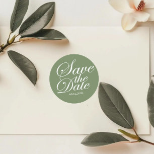 Modern Elegant Custom Save The Date   White Text  Classic Round Sticker