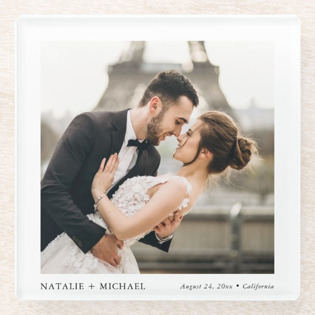 Modern Elegant Custom Wedding Photo Glass Coaster (Front)
