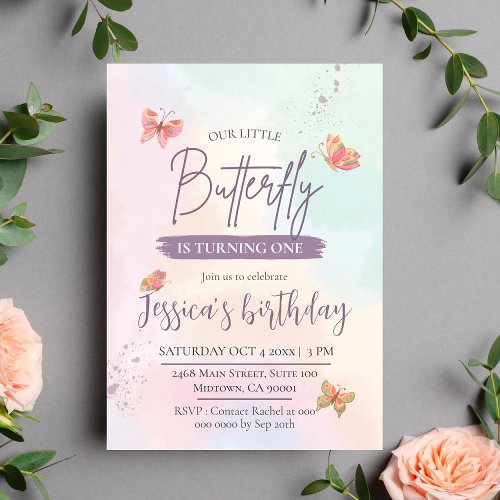 Modern elegant cute butterfly themed 1st birthday  invitation