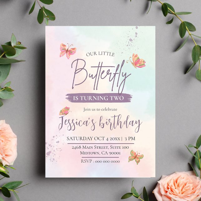 Modern elegant cute butterfly themed 2nd birthday  invitation (Creator Uploaded)