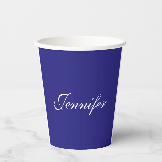 Modern Elegant Cute Unique Deep Blue Calligraphy Paper Cups (Front)