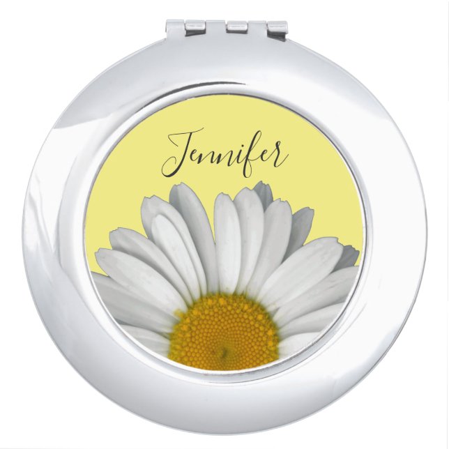 Modern Elegant Daisy Flower Yellow with Name Compact Mirror (Front)