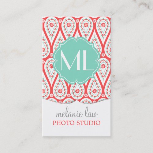 Modern Elegant Damask Coral Paisley Personalized Business Card