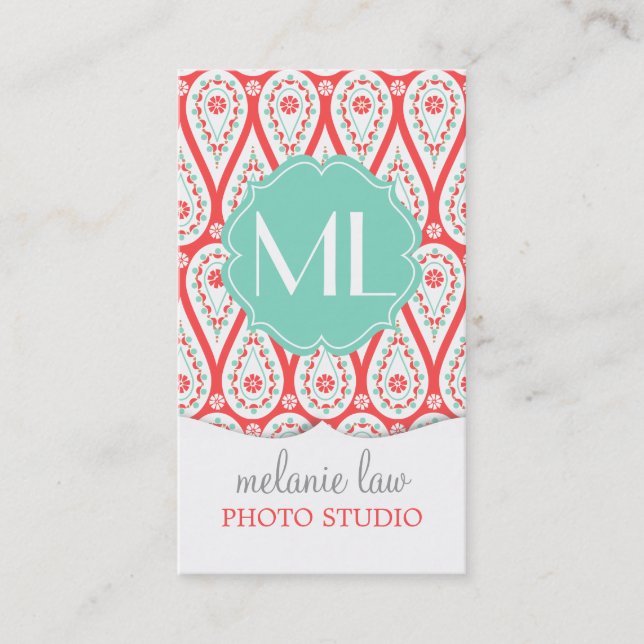 Modern Elegant Damask Coral Paisley Personalized Business Card (Front)