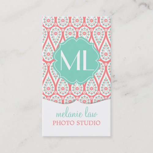 Modern Elegant Damask Coral Paisley Personalized Business Card