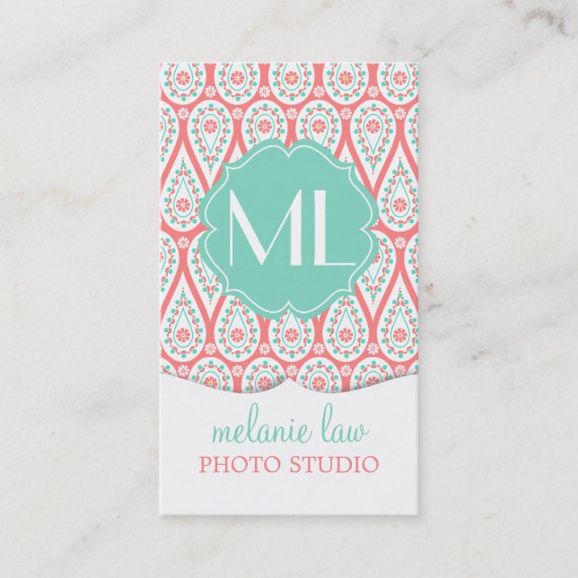 Modern Elegant Damask Coral Paisley Personalized Business Card (Front)