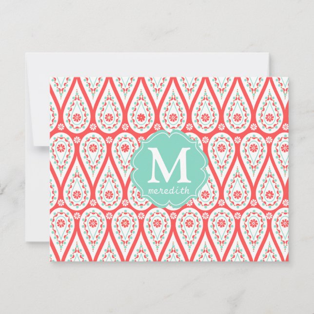 Modern Elegant Damask Coral Paisley Personalized Invitation (Front)