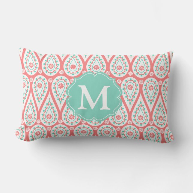 Modern Elegant Damask Coral Paisley Personalized Lumbar Pillow (Front)