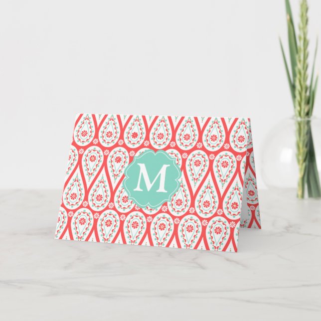Modern Elegant Damask Coral Paisley Personalized Note Card (Front)