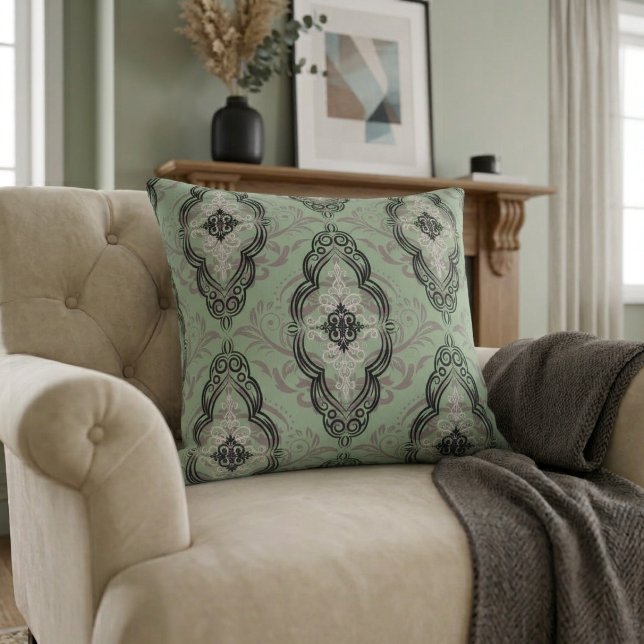 Modern Elegant Damask Pattern Sage Green Throw Pillow (Creator Uploaded)
