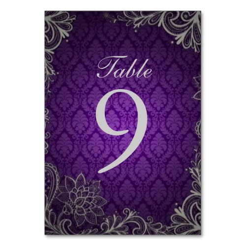 modern elegant damask purple wedding table number