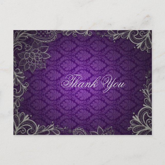 modern elegant damask purple wedding thank you postcard (Front)