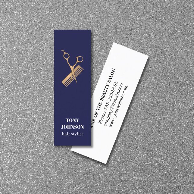 Modern Elegant Dark Blue Faux Gold Scissors Comb Mini Business Card (Creator Uploaded)