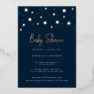 Modern Elegant Dark Blue Stars Parents Baby Shower Foil Invitation