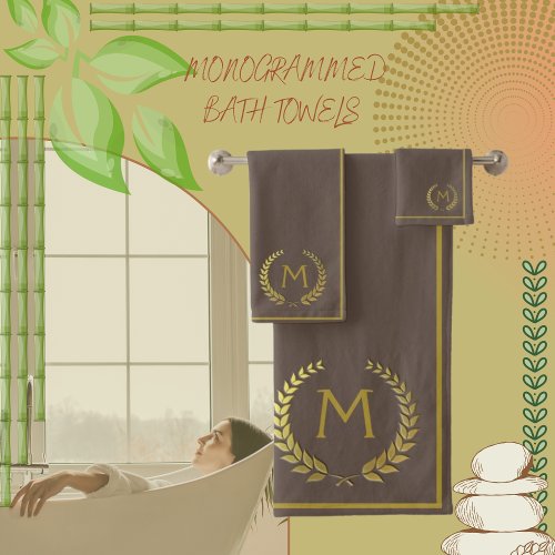 Modern Elegant Dark Brown and Gold Chic Monogramed Bath Towel Set