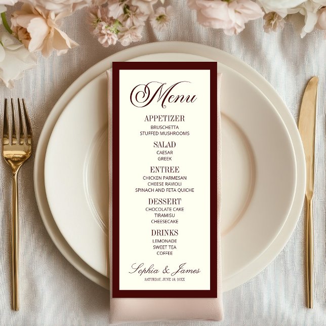 Modern Elegant Dark Burgundy Wedding Menu (Creator Uploaded)