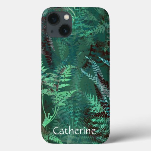 Modern Elegant Dark Emerald Green Ferns Name iPhone 13 Case