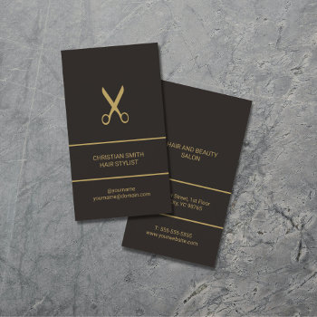 Modern Elegant Dark Faux Gold Hair Stylist Business Card by pro_business_card at Zazzle
