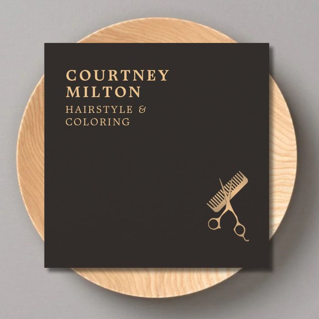 Modern Elegant Dark Faux Gold Scissors Comb Square Business Card (Creator Uploaded)