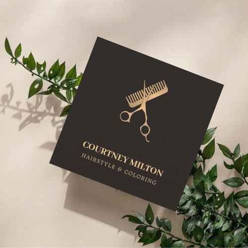 Modern Elegant Dark Faux Gold Scissors Comb Square Business Card