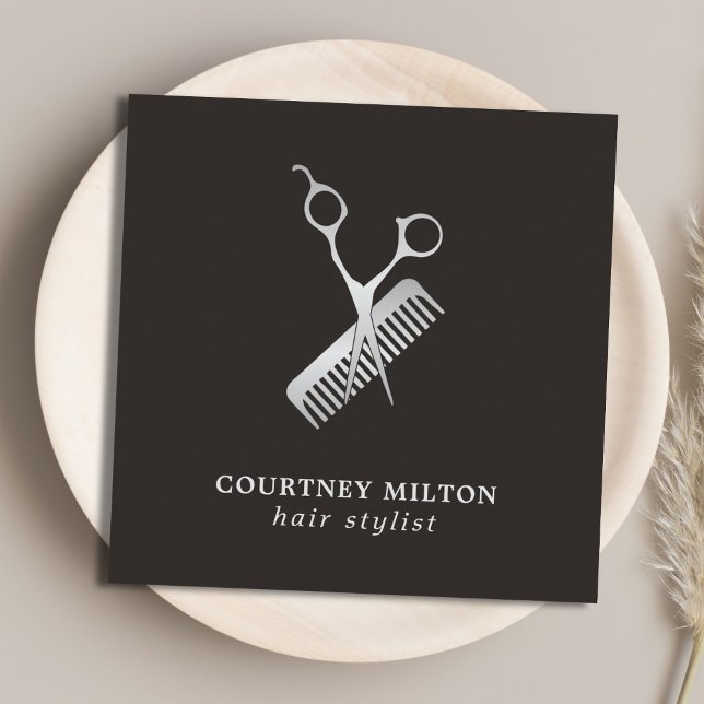 Modern Elegant Dark Faux Silver Scissor Comb Square Business Card (Creator Uploaded)