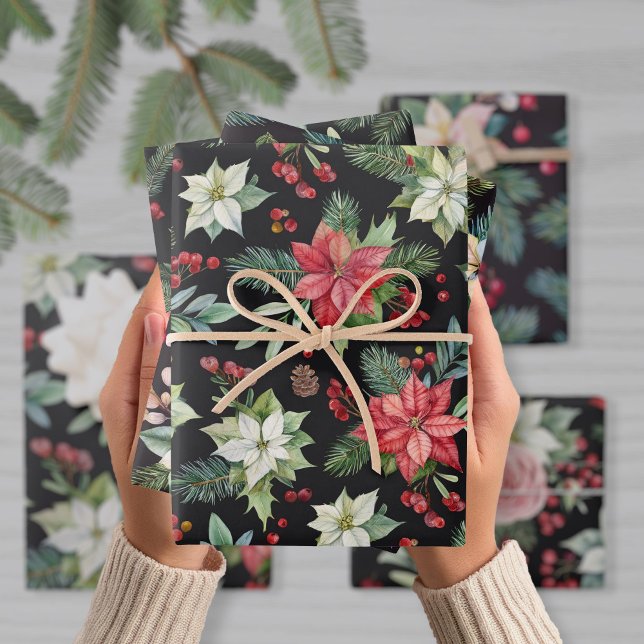 Modern Elegant Dark Floral Christmas Wrapping Paper Sheets (Creator Uploaded)