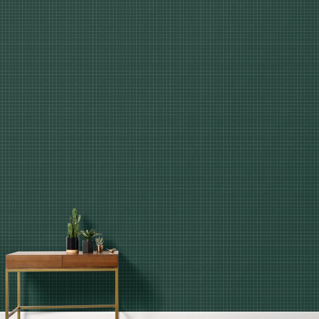 Modern Elegant Dark Forest Green Checkered Pattern Wallpaper (Hallway)